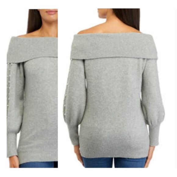 NWT Crown & Ivy Marilyn Off Shoulder Sweater Gray Pearl Accents Size XL - Picture 1 of 6